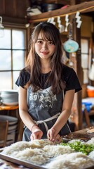 Smiling Young Woman Preparing Traditional Food in Rustic Kitchen Setting