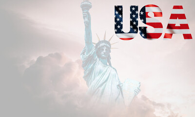 Statue of Liberty in the background with clouds in the sky. USA flag in typography. Background for USA patriotic events