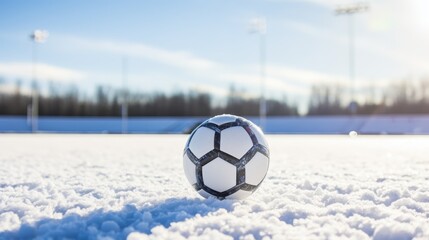 Soccer ball in the snow in an empty stadium