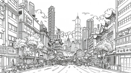 A coloring page for adults depicting the skyline of Tokyo with prominent buildings and bustling streets
