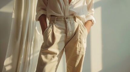 a model is posing in wide beige cotton trousers and beige shirt. Elegant summer style