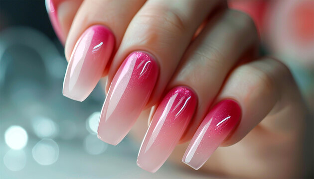 Gel nail extension pink colored. Multicolored manicure with different shades of pink nail Polish on women's hand. close up