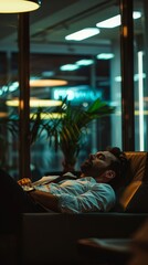 A man in a suit sleeps in an armchair in his office at work