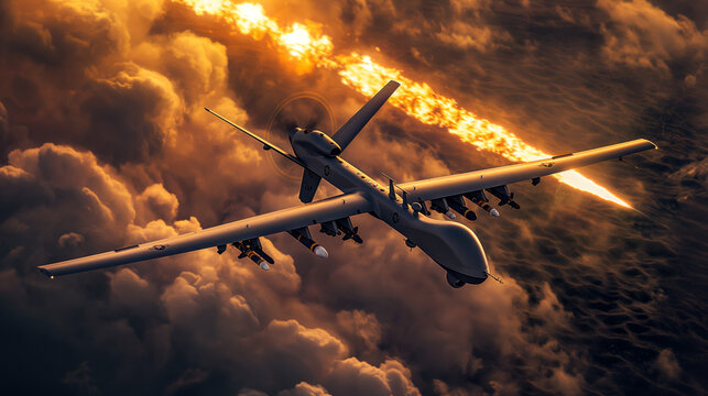 An unmanned combat aerial vehicle (UCAV) flies high above the clouds with weapons ready, against a dramatic sky backdrop