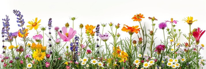Spring flowers of various colors bloom in the meadow, image on a white background, bright and vibrant.