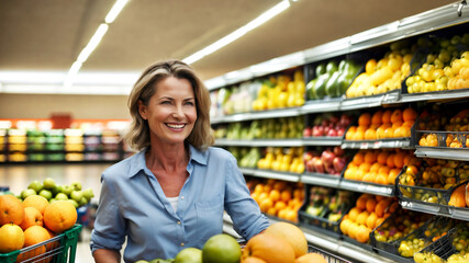 Beautiful middle-aged woman smiles while shopping at the supermarket with her trolley in the fruit...