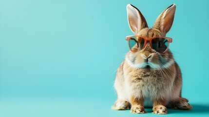 Cool bunny wearing sun glasses on color background with space for text