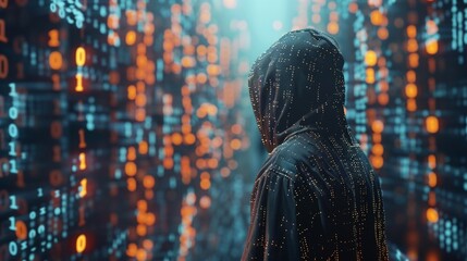 Futuristic hacker in a hoodie against a backdrop of cascading binary code, representing the threat of cyber attacks - obrazy, fototapety, plakaty