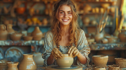 A girl in a pottery workshop sculpts a vase out of clay - obrazy, fototapety, plakaty