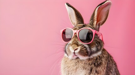 Cool bunny wearing sun glasses on color background with space for text