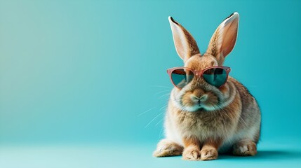 Obraz premium Cool bunny wearing sun glasses on color background with space for text
