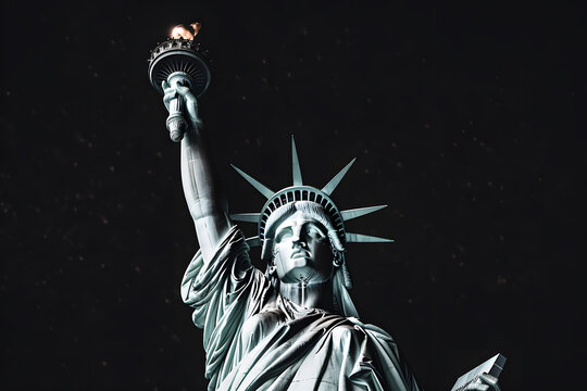 Close up of the statue of liberty, black background