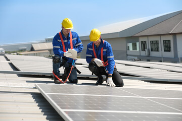 Engineers or workers install and inspect solar cell on the roof of the factory.