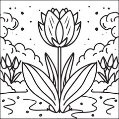 Tulip coloring pages. Tulip flower outline vector. Flowers coloring pages for coloring book