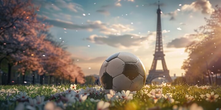 A close-up of a soccer ball on the grass in front of the Eiffel Tower. Summer in Paris. There is a black-and-white football ball in the park.
