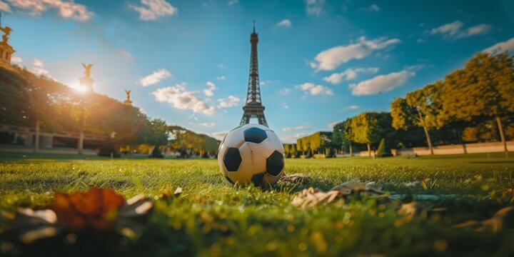 A close-up of a soccer ball on the grass in front of the Eiffel Tower. Summer in Paris. There is a black-and-white football ball in the park.