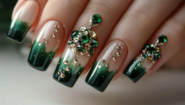 Gel nail extensions dark green. Hand of the girl. Female manicure. Long colored acrylic nails.
