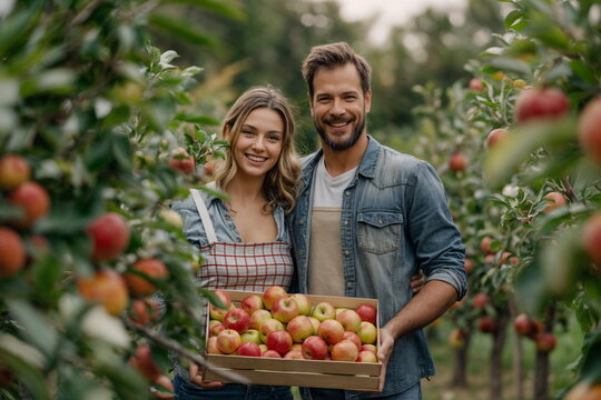 Young married couple picking apples in the orchard. U-pick small business concept