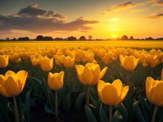 Vista de un campo al amanecer de tulipanes amarillos. Vista de frente y de cerca. AI Generativa