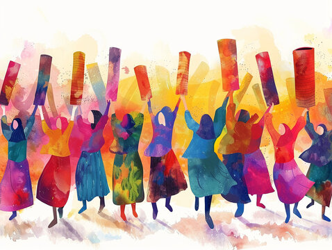 A visual illustration of people dancing with Torah scrolls for Simchat Torah celebrating the conclusion and restart of the annual Torah reading cycle