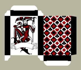 Playing cards tuck box template with Joker and ribbon banner in vintage engraving style and with background with playing card suit symbols. Vector 
illustration.