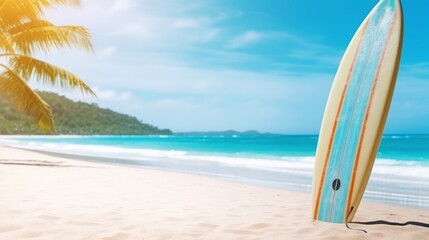 Summer Vacation Background : Surfboard on sand tropical beach.