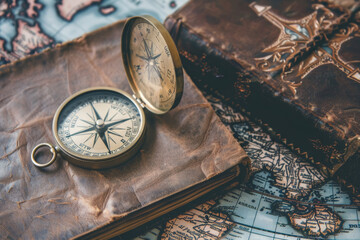 Bible and Compass on a World Map - obrazy, fototapety, plakaty