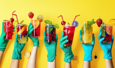 Dynamic arrangement of summer drinks held by hands in green gloves, embodying American holiday cheer