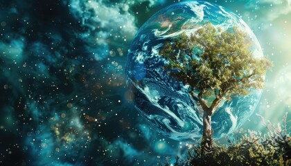 A tree is growing on the surface of the Earth by AI generated image - obrazy, fototapety, plakaty