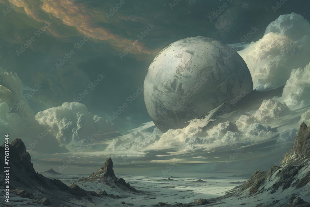 Poster a large white object is floating in the sky above a barren landscape. the sky is cloudy and the land