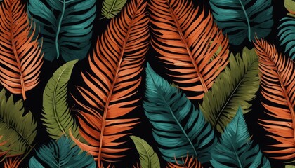 Vibrant pattern showcasing tropical leaves in rich orange and green tones, ideal for dynamic and botanical themed designs.
