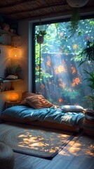 In a dimly lit children's room, projections dance on walls amid summer-themed decorations - obrazy, fototapety, plakaty
