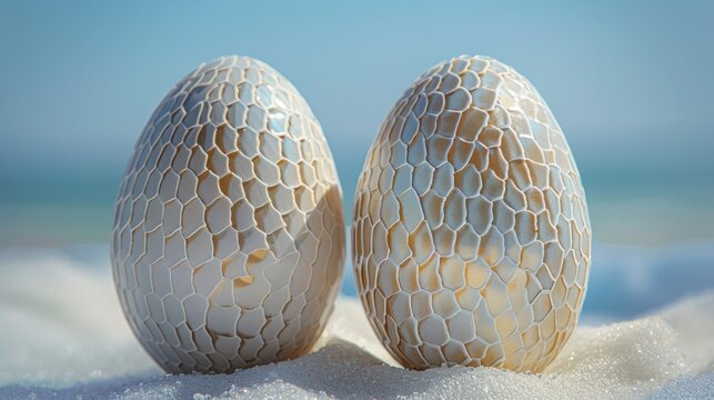 Sophistication redefined with ivory snakeskin-like Easter eggs, set against a sky blue, encapsulating elegance and high-fashion Easter styling