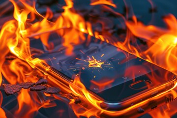A cell phone rests on a blazing pile of fire
