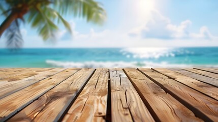 Fototapeta premium The blur cool sea background with wood floor foreground on horizon tropical sandy beach; relaxing outdoors vacation with heavenly mind view at a resort deck touching sunshine, sky surf summer clouds.