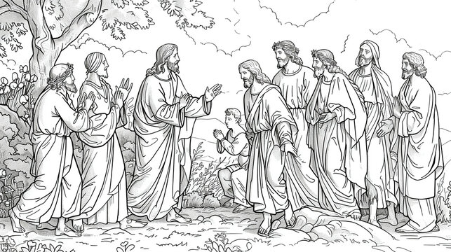 An adult coloring page of Jesus healing the sick showing various individuals approaching Jesus for healing