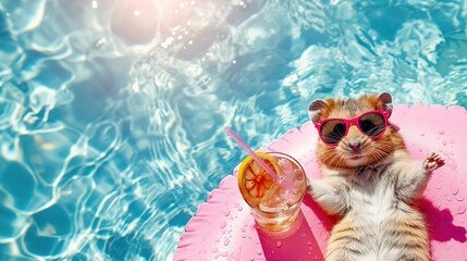 A hamster in sunglasses and with a glass of cold lemonade lies sunbathing on a swimming mattress in the pool. Summer holidays, beach holiday, vacation, relaxation
