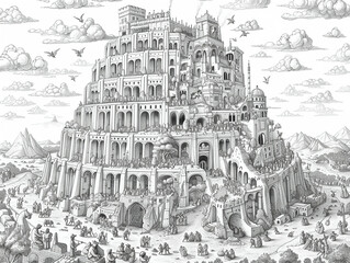 An adult coloring page of the Tower of Babel capturing its construction and diverse groups of people