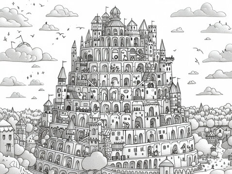 An adult coloring page of the Tower of Babel capturing its construction and diverse groups of people