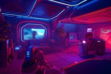 Cold Retro Interior Design: A Modern Gaming Den Inspired by Synthwave Aesthetics - obrazy, fototapety, plakaty