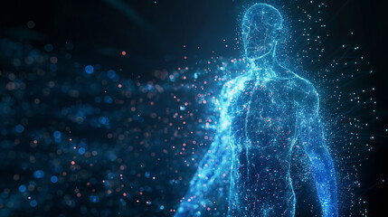 Striking representation of a human body composed of countless luminous blue particles, signifying concepts such as connection, network, or digital life form