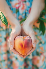 Close-up of a peach in the shape of a heart in the hands of a girl