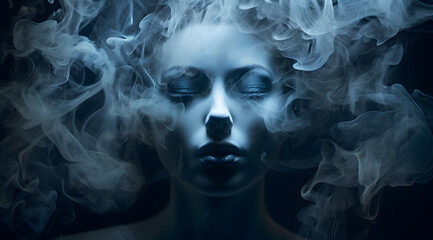 Mysterious woman in smoke or fog with beautiful hair portrait monochrome style, blue color