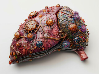 An anatomical rendering of a human liver on a white background in 3D with representations of liver-affecting viruses and bacteria