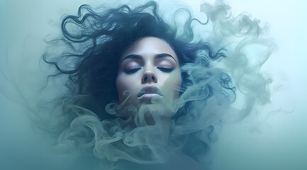 Mysterious woman in smoke or fog with beautiful hair portrait monochrome style, blue color