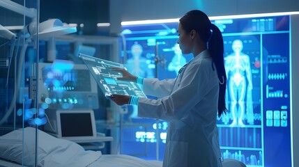 A young woman doctor using innovative technology virtual in pharmaceutical science research. Medical science and development concept.