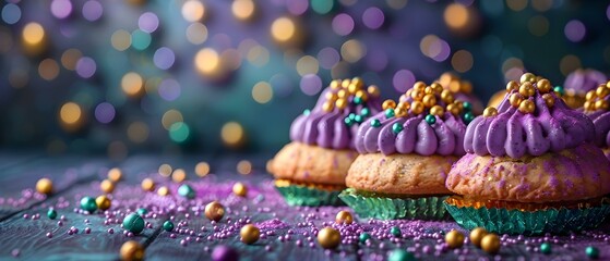 Colorful Mardi Gras treats and decorations in purple green and yellow with masquerade masks and gold beads. Concept Mardi Gras Treats, Colorful Decorations, Masquerade Masks, Gold Beads - obrazy, fototapety, plakaty