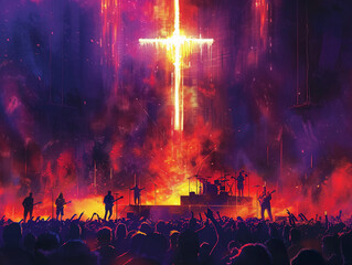 An energetic depiction of a live Christian music event featuring a stage with a prominent cross