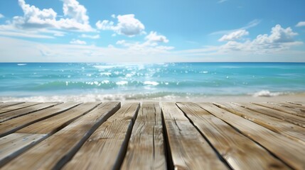 The blur cool sea background with wood floor foreground on horizon tropical sandy beach; relaxing outdoors vacation with heavenly mind view at a resort deck touching sunshine, sky surf summer clouds.
