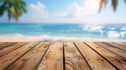 Fototapeta premium The blur cool sea background with wood floor foreground on horizon tropical sandy beach; relaxing outdoors vacation with heavenly mind view at a resort deck touching sunshine, sky surf summer clouds.